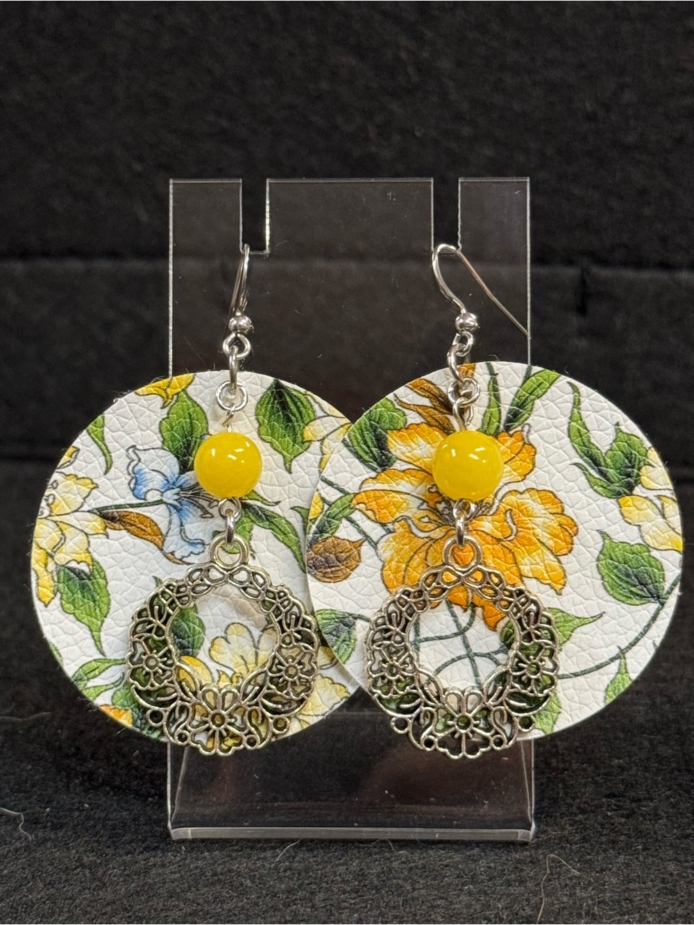 Yellow Floral Faux Leather Drop Earrings with Silver Tone Charms